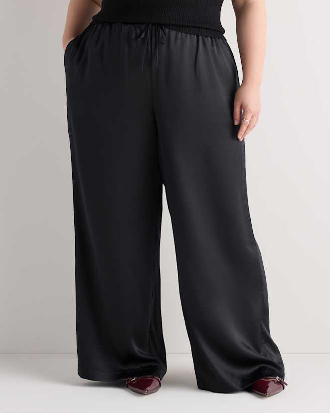 Black 100% Washable Silk Drawstring Wide Leg Pants
