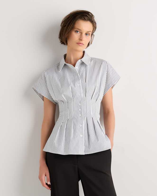 Steel Grey Soho Stripe Stretch Twill Pleated Short Sleeve Shirt