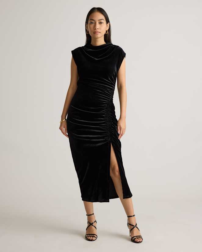 Black Stretch Silk Velvet Ruched Midi Dress