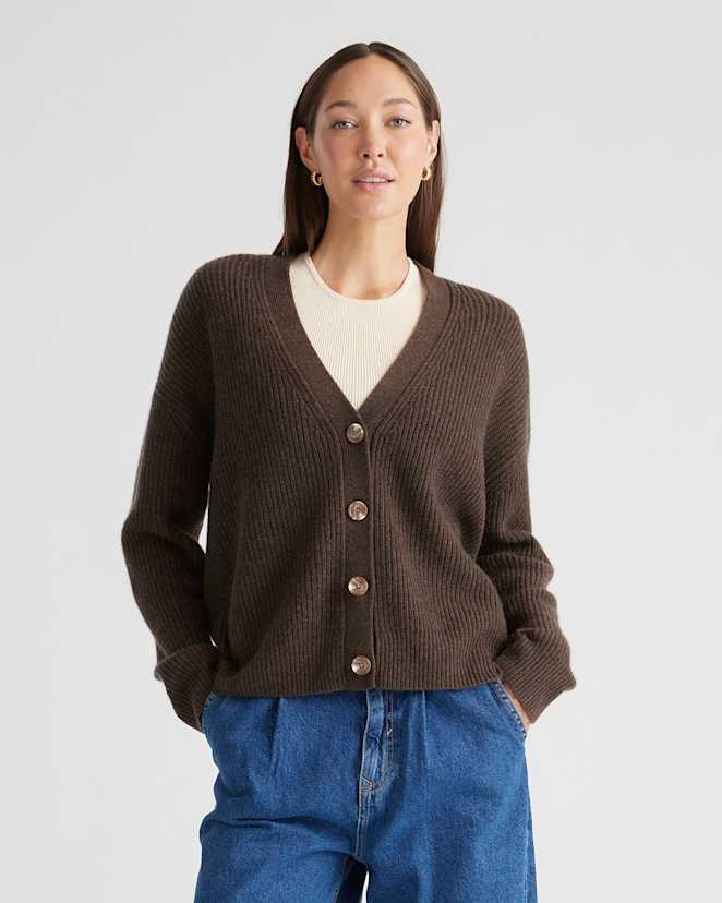 Brown Mongolian Spring Cashmere Fisherman Boxy Cropped Cardigan Sweater