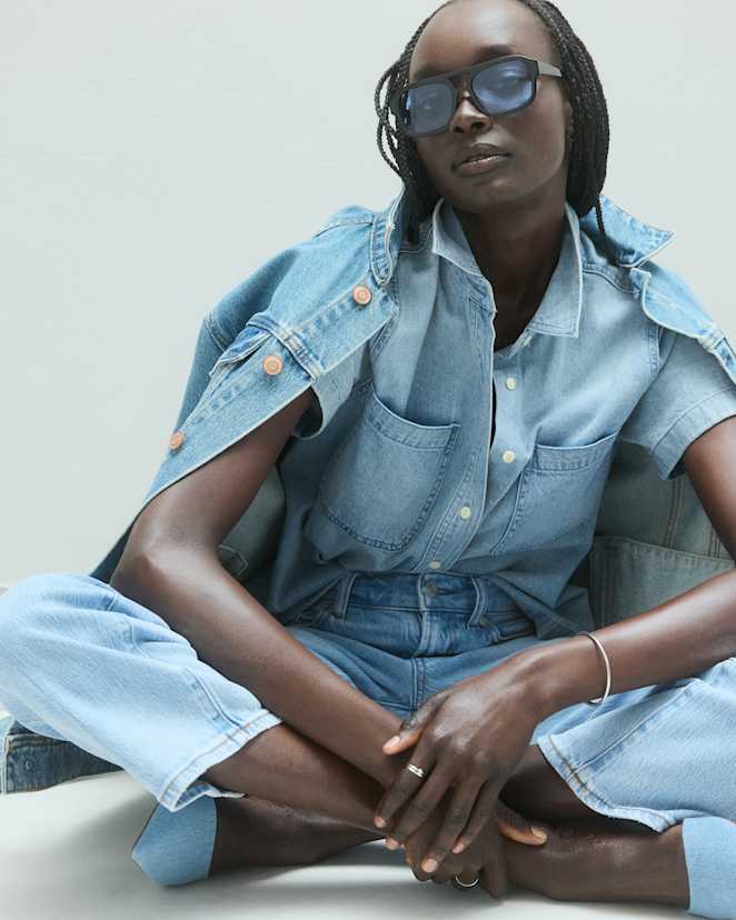 Light Chambray Distressed Denim Short Sleeve Shirt