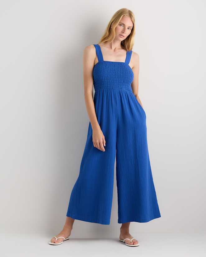 Orchid Blue 100% Organic Cotton Gauze Smocked Wide Leg Jumpsuit