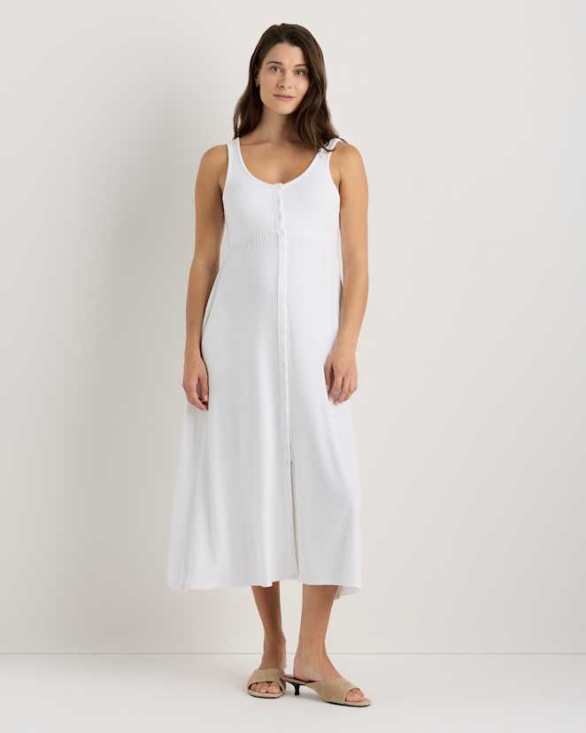 Classic White Bamboo Maternity Sleeveless Button Front Dress