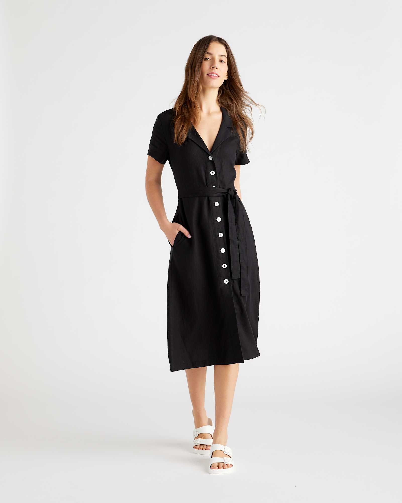 black 100% European Linen Button Front Dress