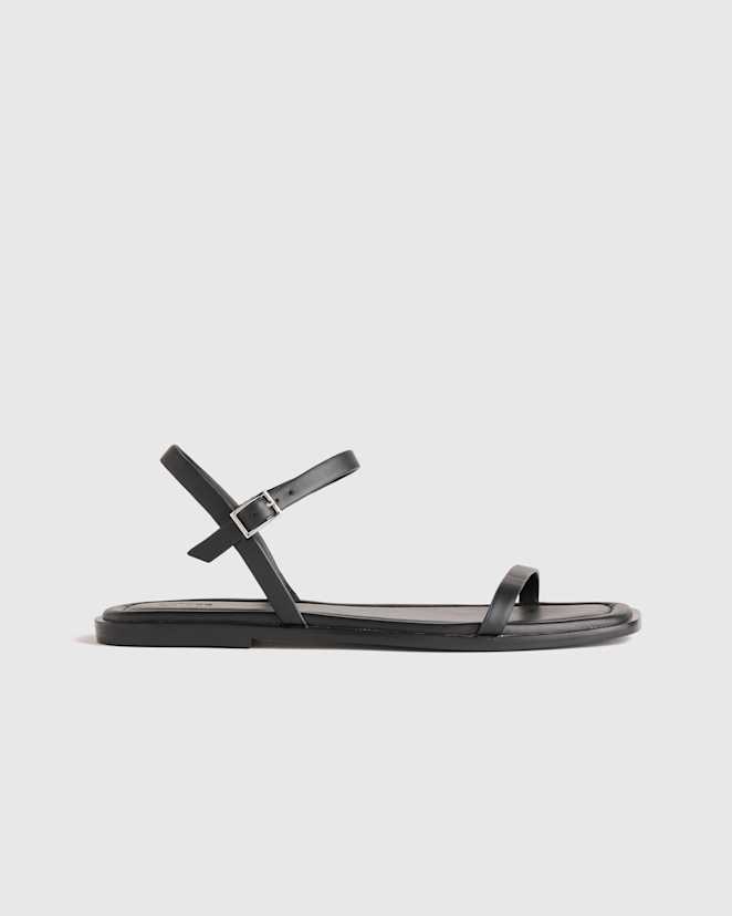 Black Italian Leather Ankle Strap Flat Sandal