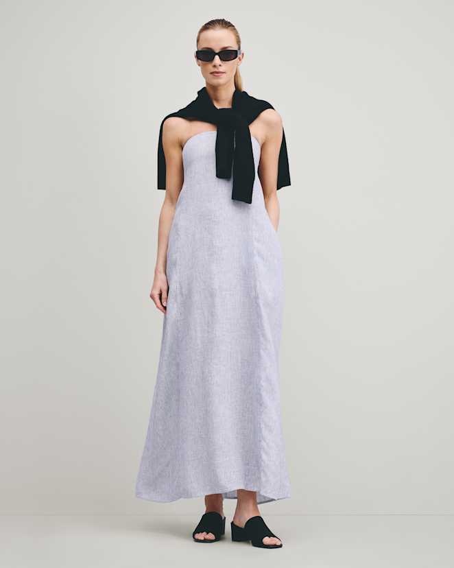 Blue Pinstripe 100% European Linen Strapless Maxi Dress