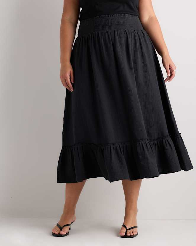 Black 100% Organic Cotton Gauze Smocked Maxi Skirt