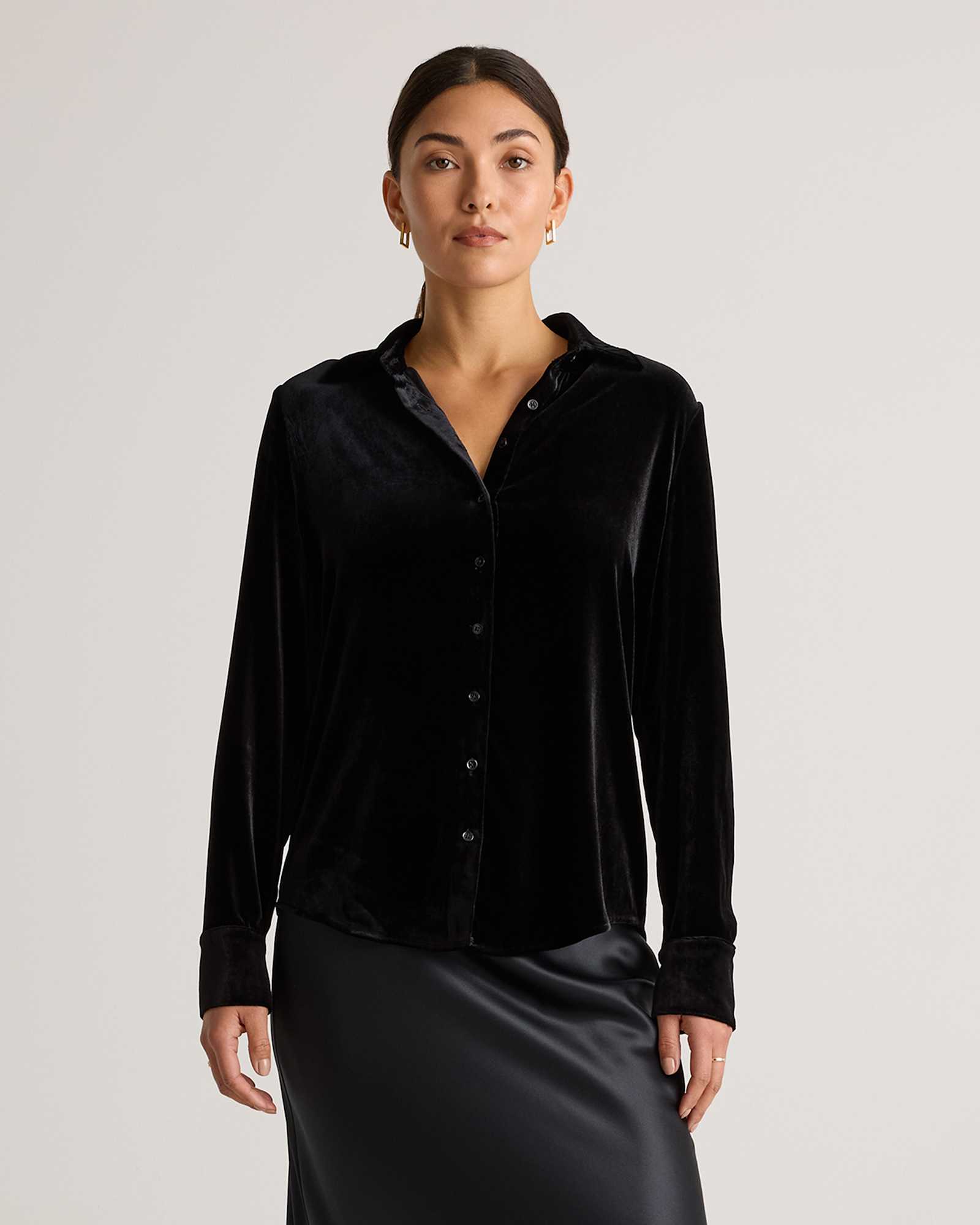 black Stretch Silk Velvet Long Sleeve Shirt