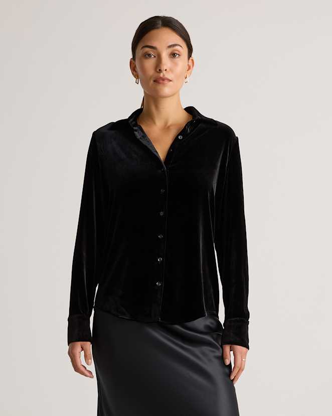 Black Stretch Silk Velvet Long Sleeve Shirt