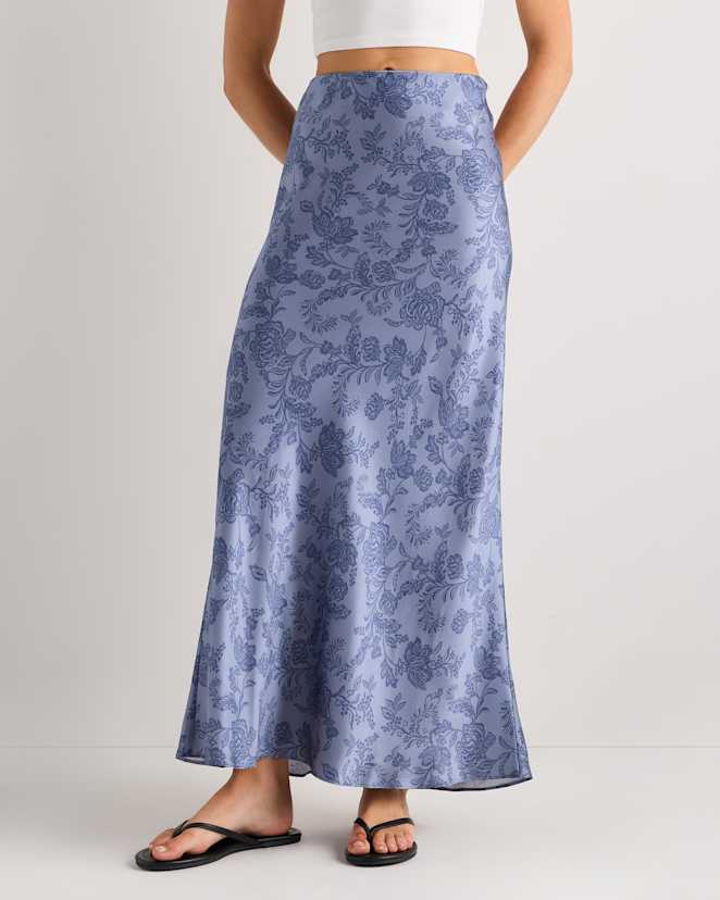 Moonstone Blue Heirloom Floral 100% Washable Silk Maxi Skirt