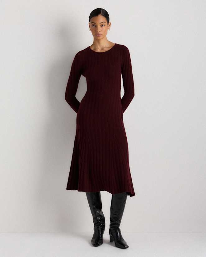 Rich Burgundy Mongolian Cashmere Wide-Rib Midi Dress