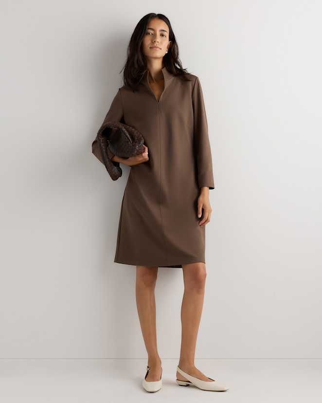 Dark Baltic Brown Ultra-Stretch Ponte Split Neck Mini Dress
