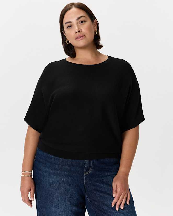 Black Lightweight Cotton Cashmere Link-Stitch Dolman Sweater
