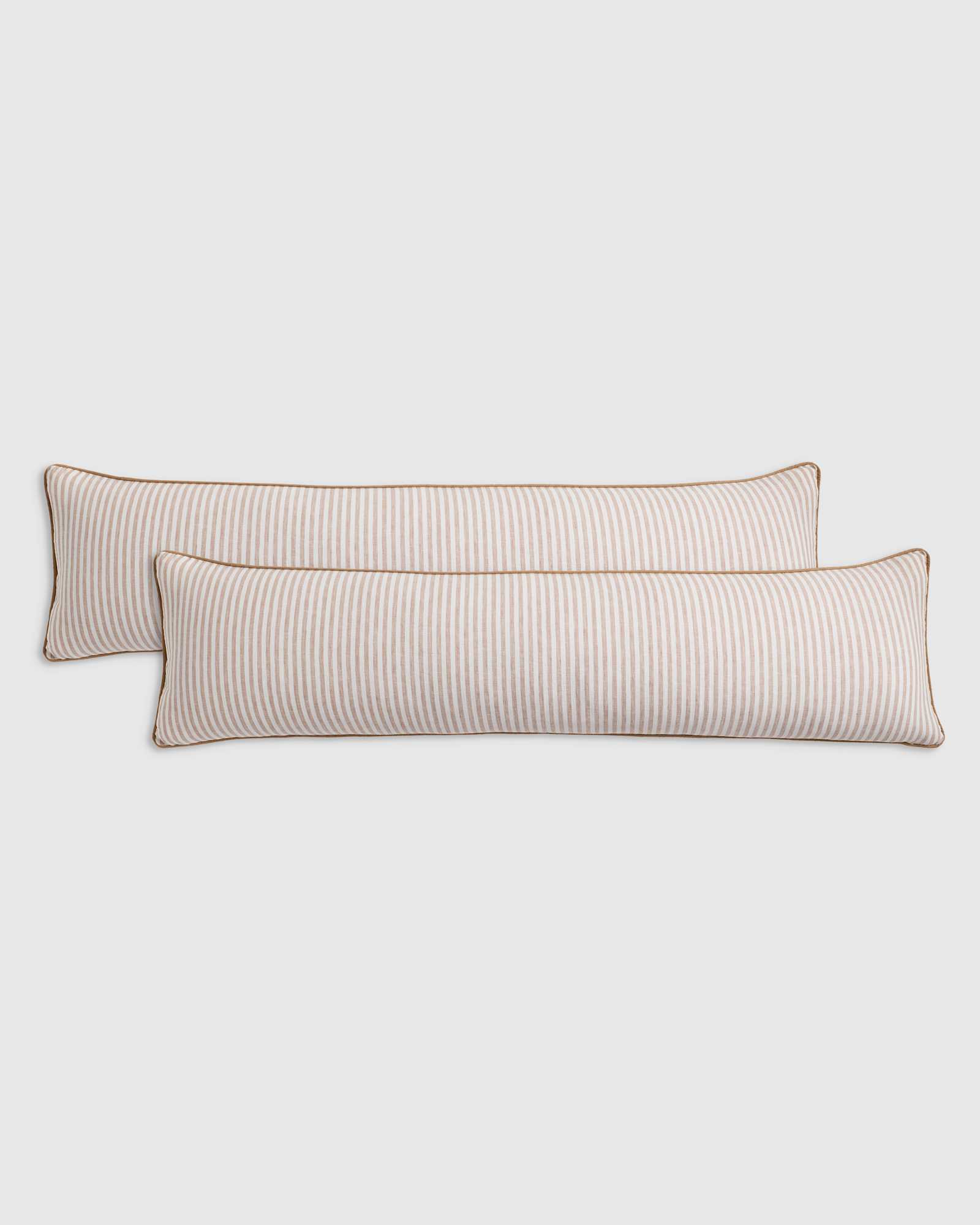 Latte/White Stripe Piped Linen Stripe Oversized Lumbar Pillow Cover (Set of 2)