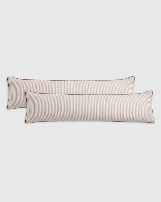 Latte/White Stripe Piped Linen Stripe Oversized Lumbar Pillow Cover (Set of 2)