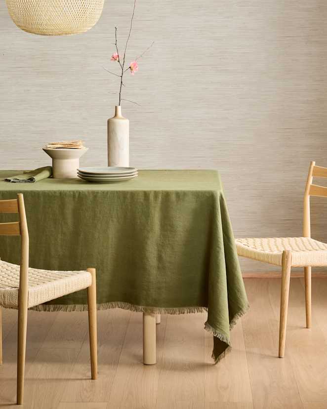 Olive European Linen Fringe Tablecloth