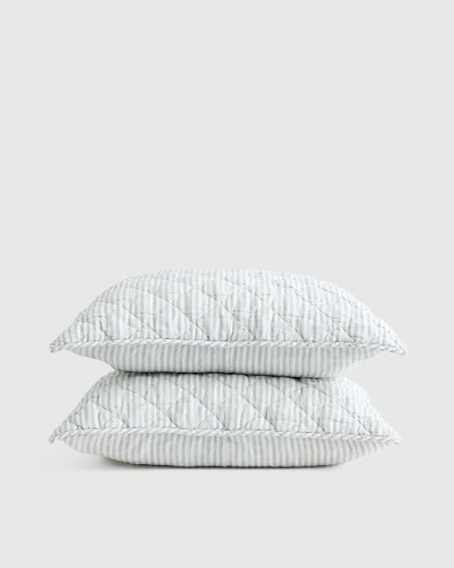Mist/White Stripe European Linen Stripe Quilted Sham Set