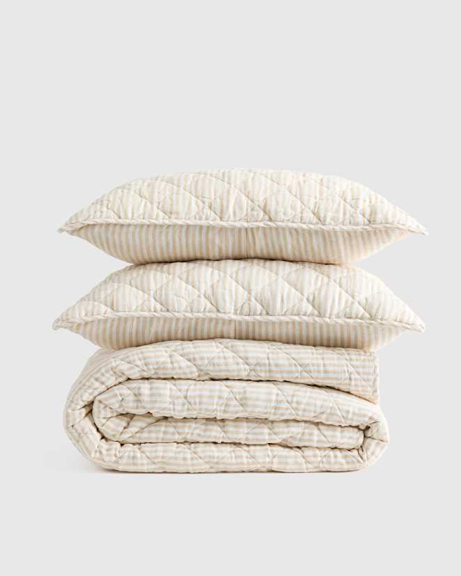 Natural/White Stripe European Linen Stripe Quilt Set