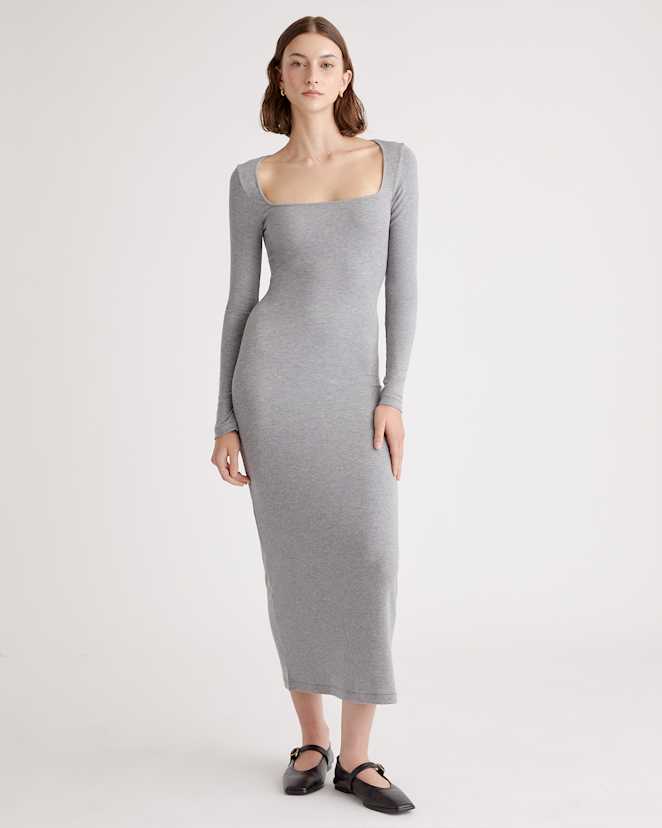 Heather Grey Tencel Rib Knit Long Sleeve Square Neck Dress