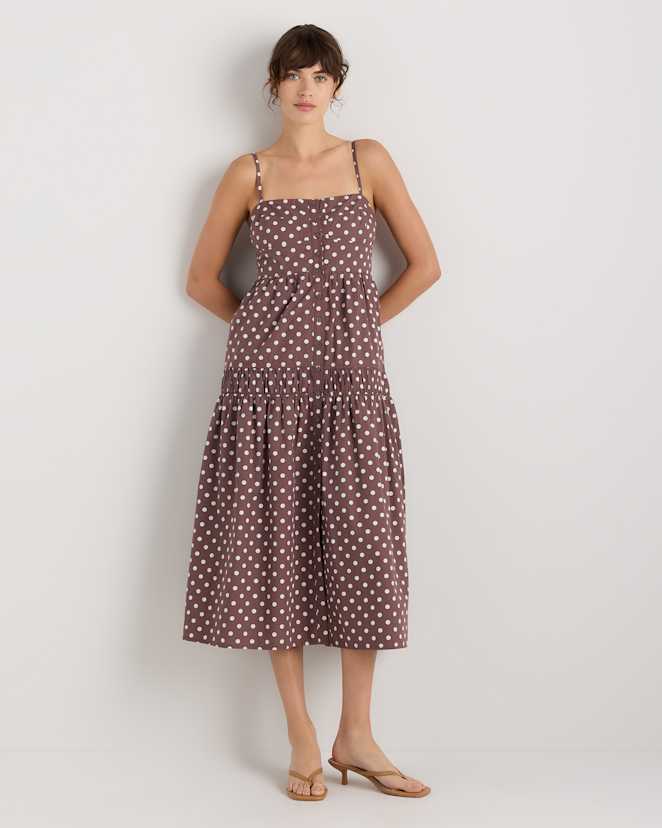 Mocha Midi Dot 100% Organic Cotton Poplin Spaghetti Strap Maxi Dress