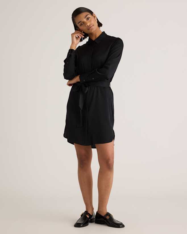 Black Washable Stretch Silk Shirt Dress