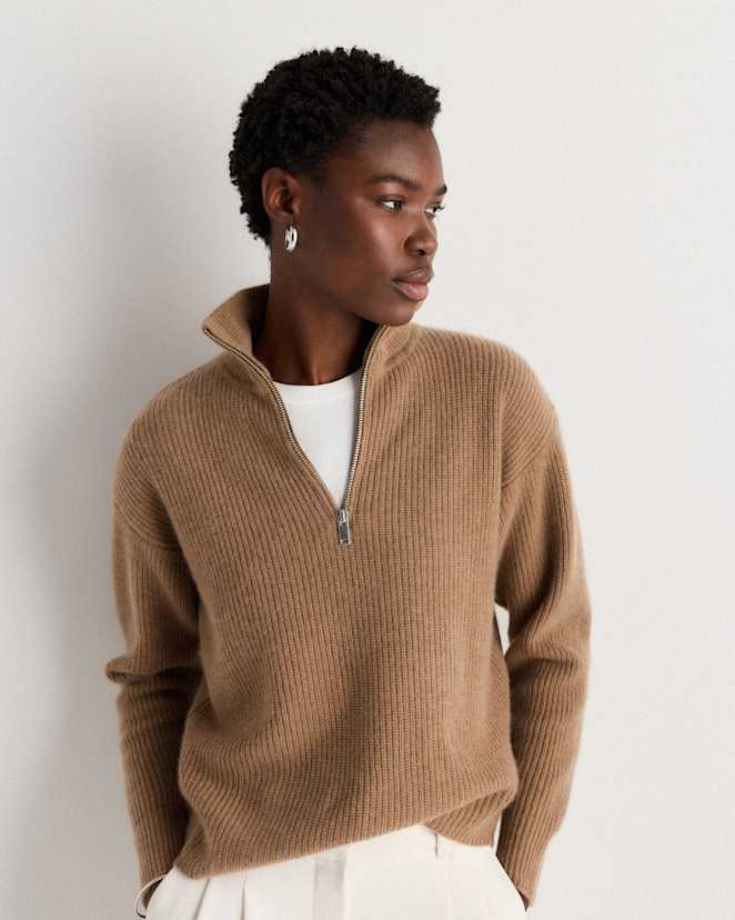 Teak Mongolian Cashmere Fisherman Quarter Zip Sweater