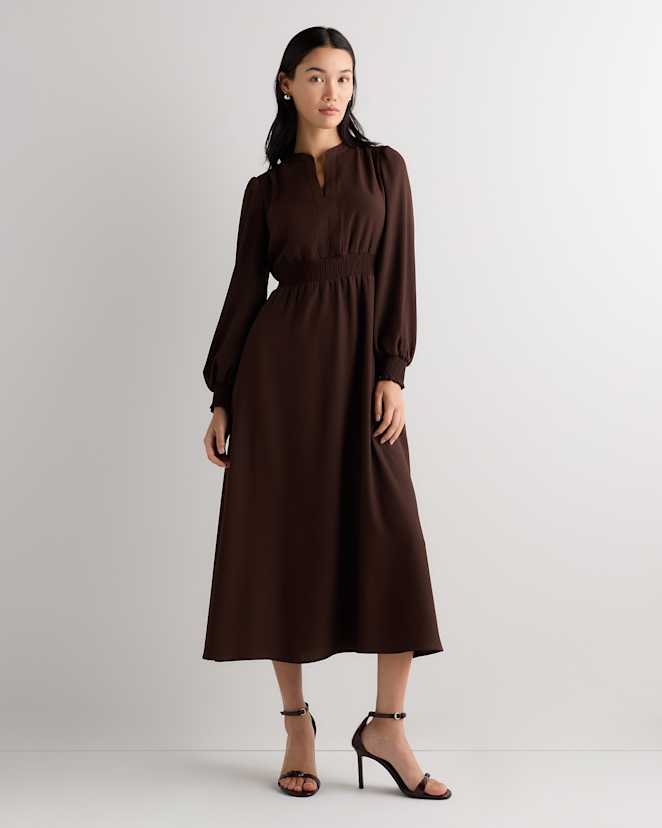 Coffee Bean Brown Matte Crepe Long Sleeve Midi Dress