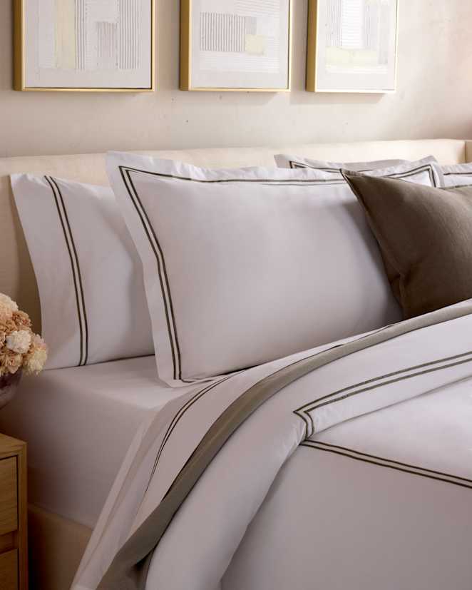 White/Dusty Olive Classic Organic Percale Embellished Sham Set