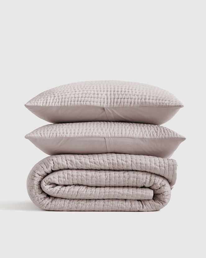 Haze Grey Silk Pick Stitch Quilt Set