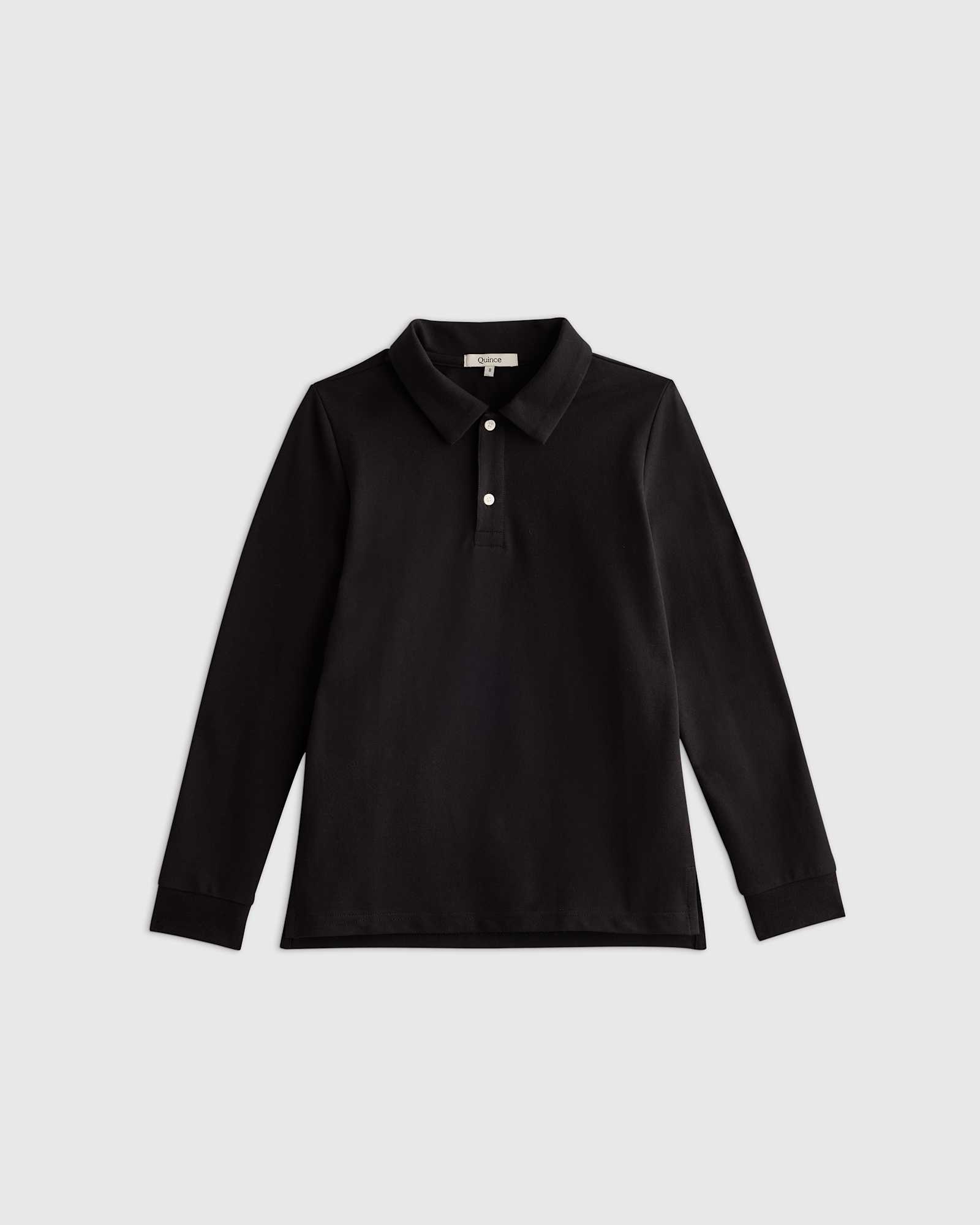 black Organic Cotton Long Sleeve Pique Polo