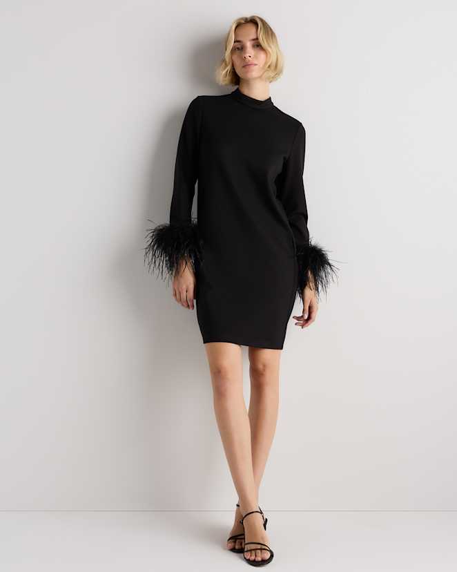 Black Ultra-Stretch Ponte Feather Trim Mini Dress