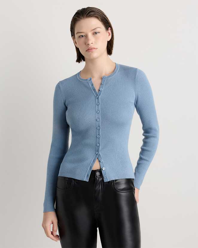 Mountain Spring Blue Cotton Cashmere Fitted Ribbed Cardigan