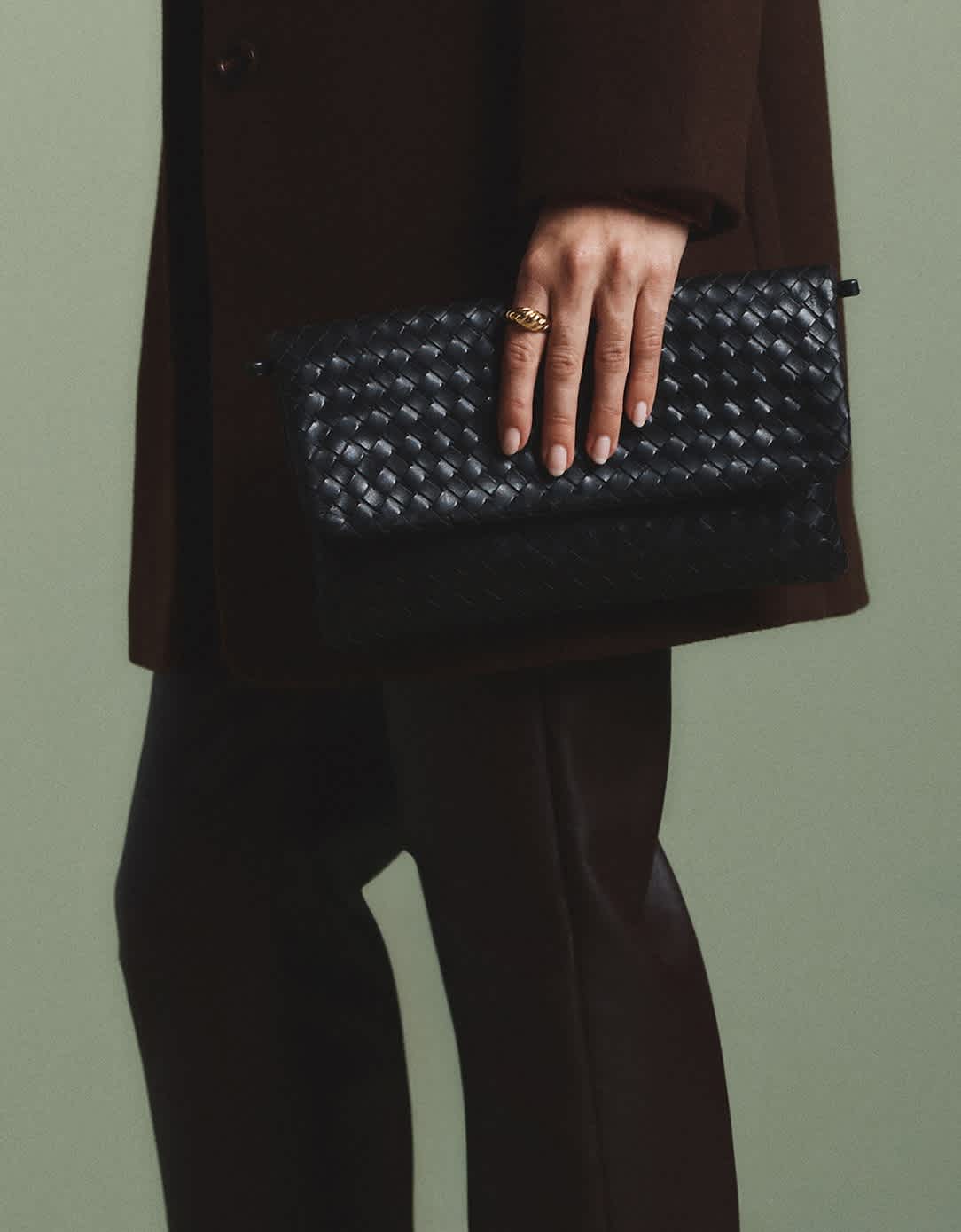 Black Italian Leather Handwoven Convertible Clutch