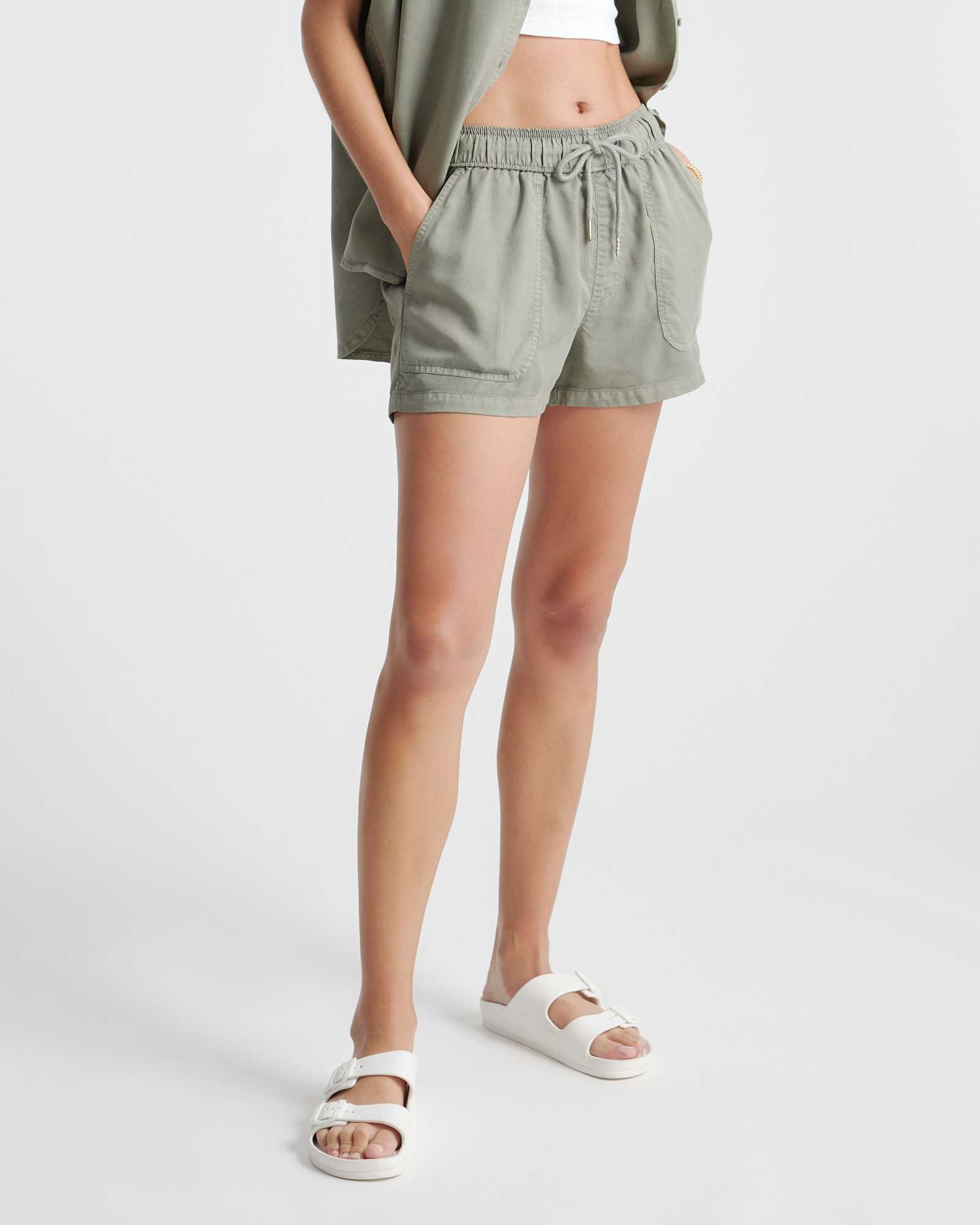 olive Vintage Wash Tencel Utility Shorts