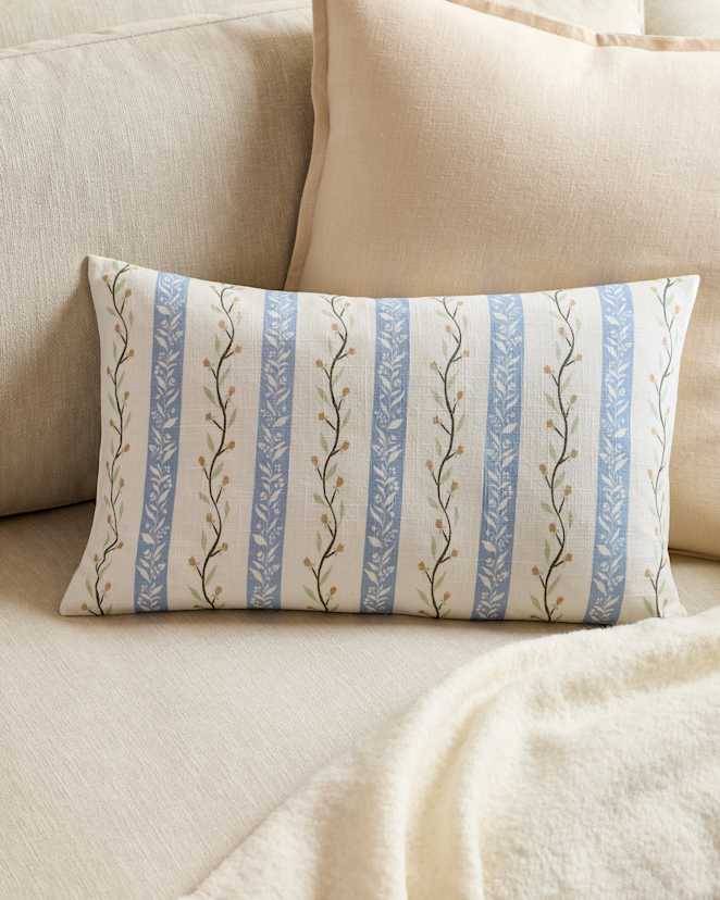 Light Blue Stripe Floral Vine Cotton Pillow Cover