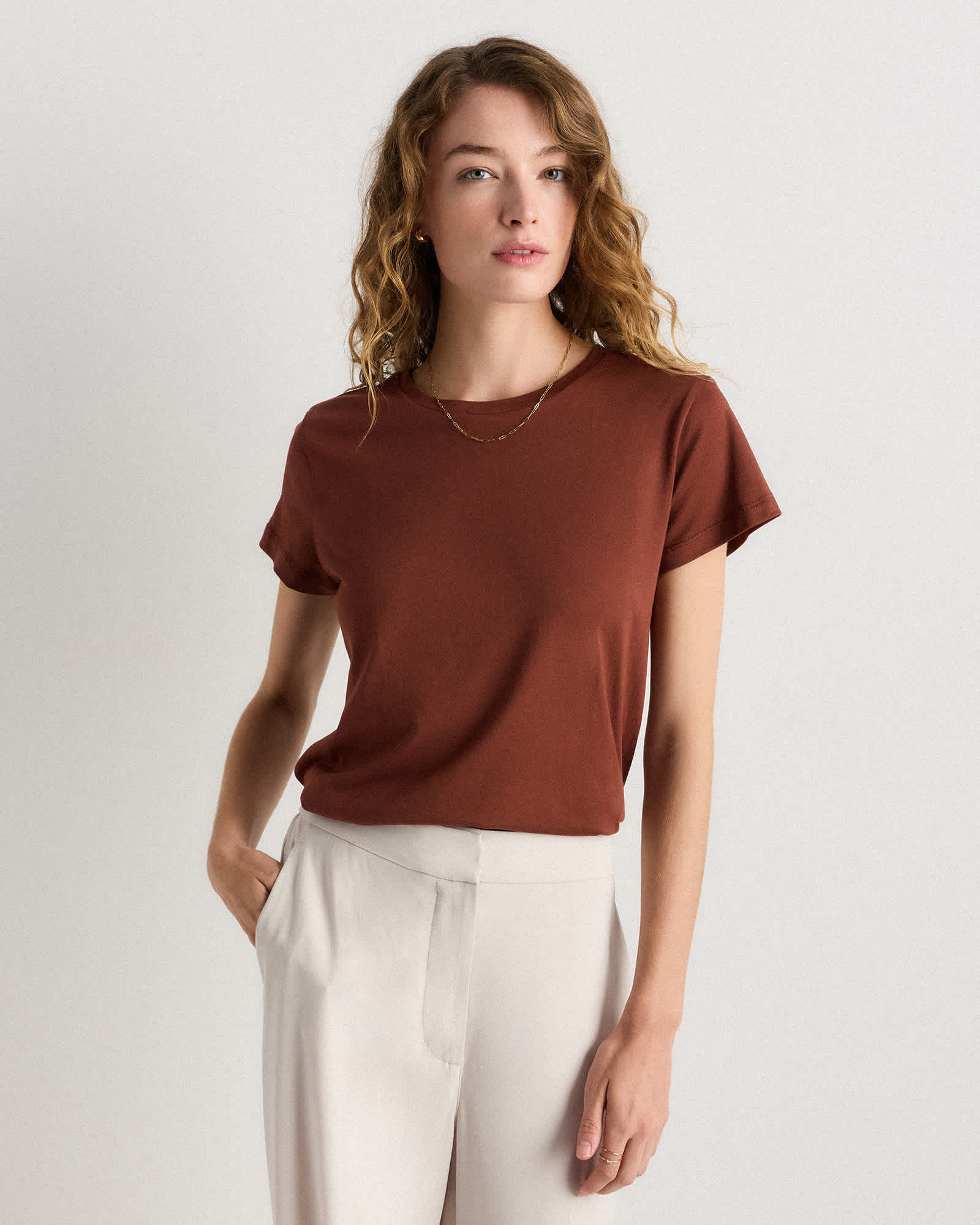 Redwood Brown T-shirt évasé en coton et modal à col rond
