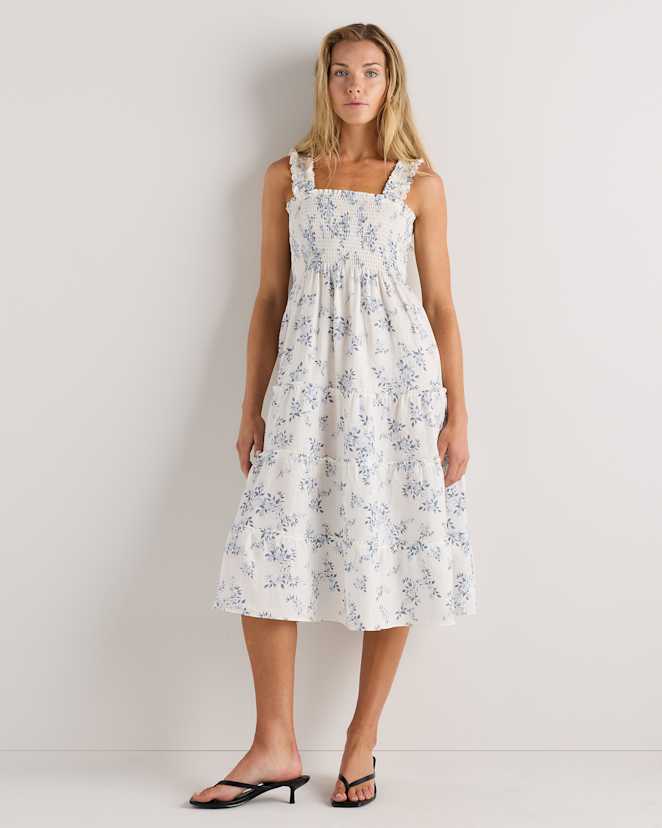 Ivory Porcelain Blue Petite Floral 100% European Linen Smocked Midi Dress