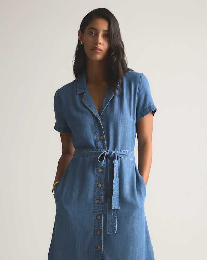 Medium Indigo Chambray Tencel Button Front Dress