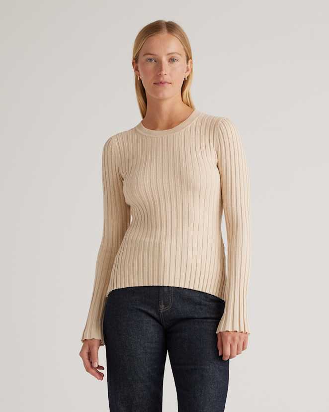 Heather Oatmeal Cotton Cashmere Ribbed Long Sleeve Sweater