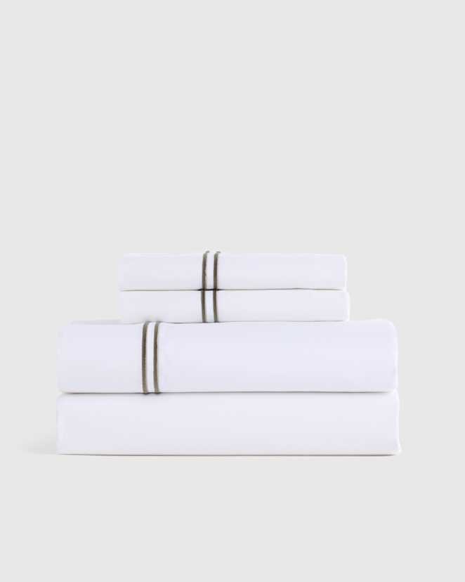 White/Dusty Olive Organic Crisp Percale Embellished Sheet Set