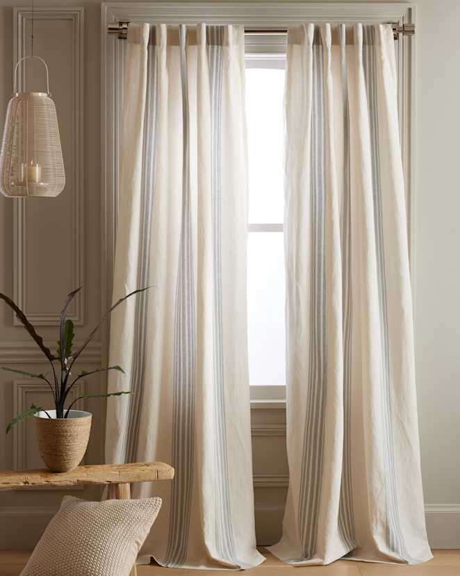 Ivory/Light Blue Coastal Stripe Linen Cotton Curtain