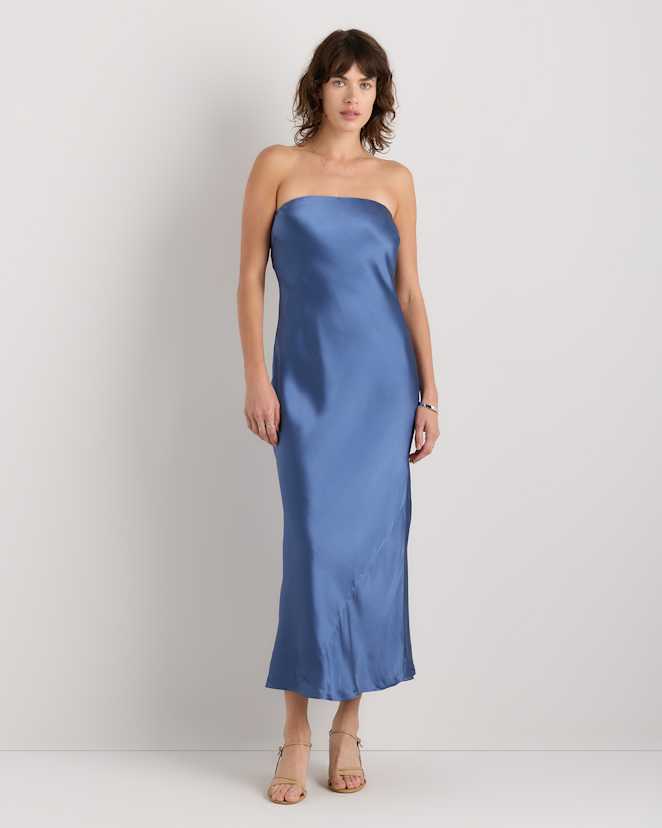 Moonstone Blue Robe midi sans bretelles 100 % soie lavable