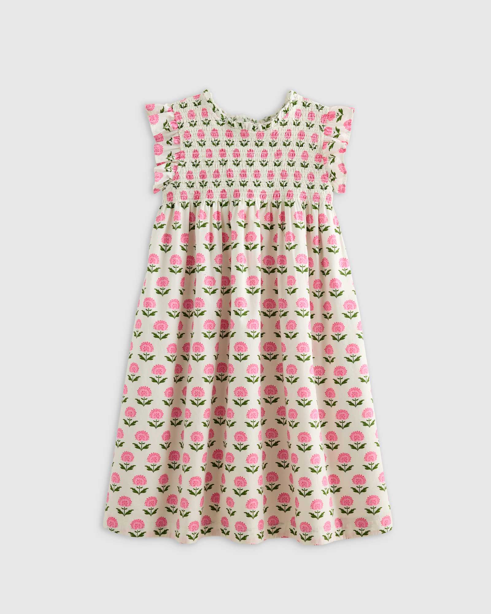 U--274 PINK WOODBLOCK FLORAL RETOUCHED KID pink-woodblock-floral 100% Organic Cotton Poplin Smocked Flutter Sleeve Dress