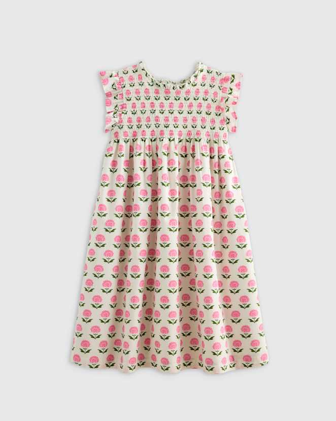 Pink Woodblock Floral 100% Organic Cotton Poplin Smocked Flutter Sleeve Dress