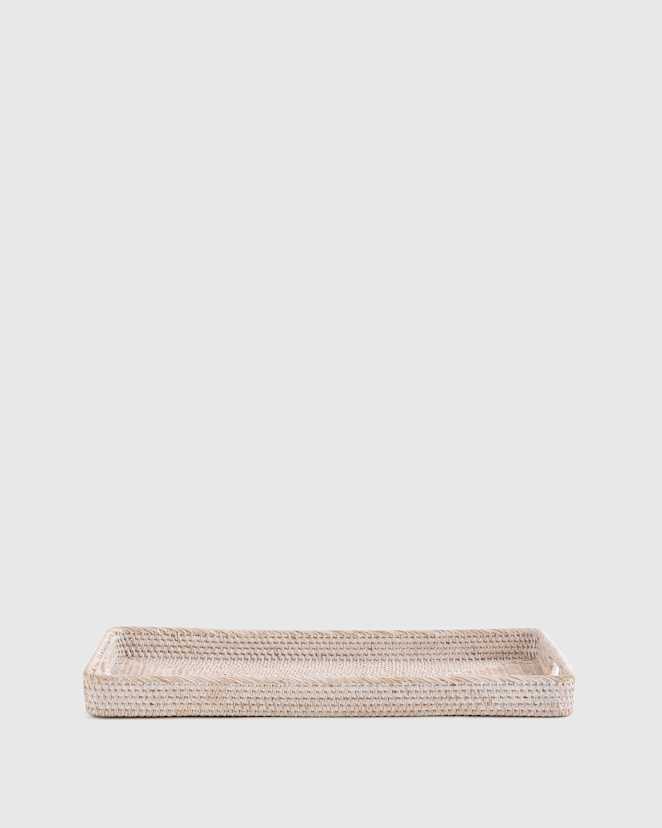 White Wash Handwoven Rattan Rectangular Tray