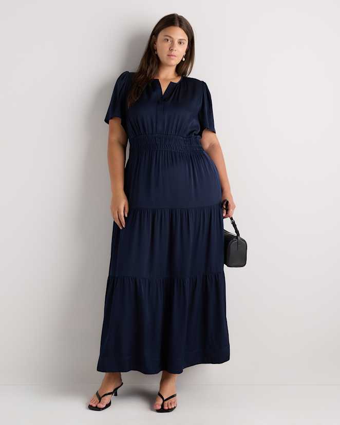 Navy Washable Stretch Silk Tiered Maxi Dress