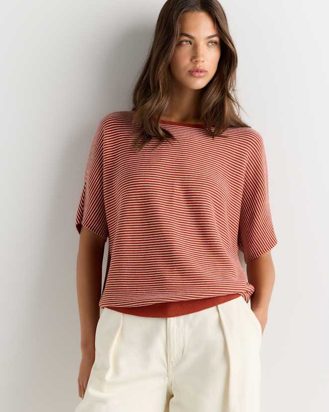 Spiced Clay Orange Mini Stripe Lightweight Cotton Cashmere Link-Stitch Dolman Sweater
