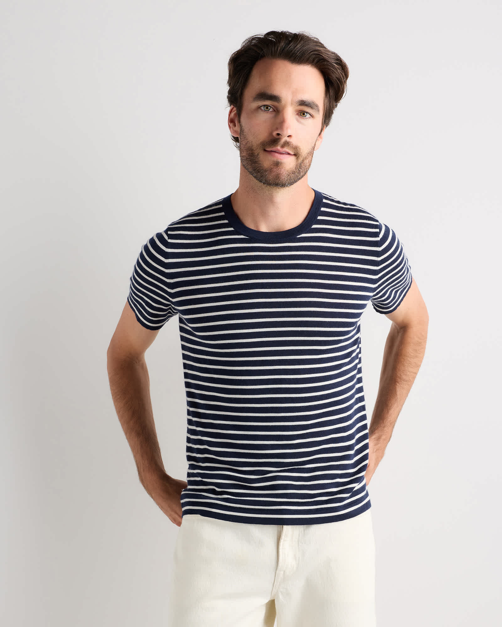 Navy/White 100% Superfine Mongolian Cashmere Tee