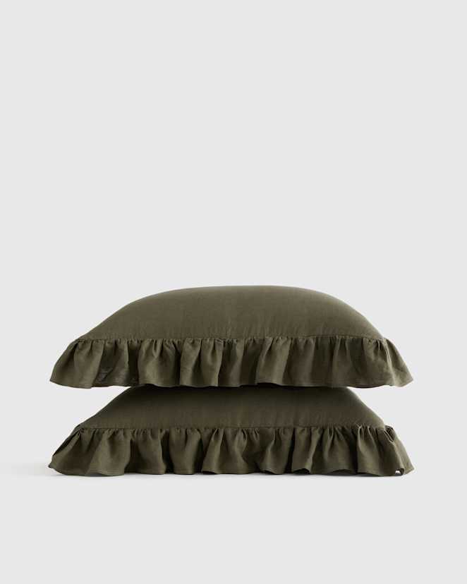 Dusty Olive European Linen Ruffle Sham Set