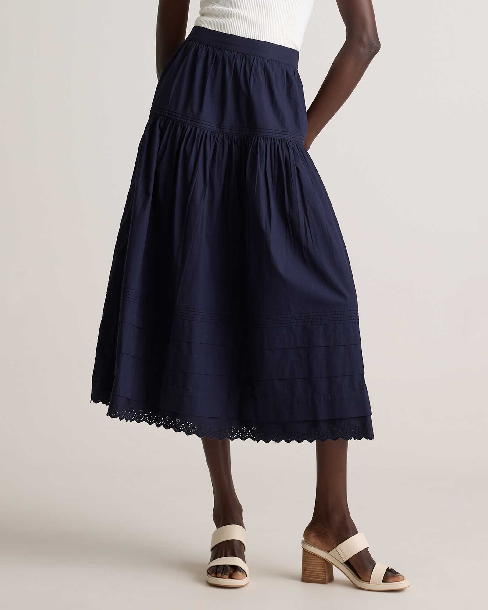 navy 100% Organic Cotton Poplin Pintuck Maxi Skirt